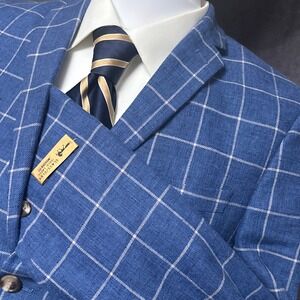 NEW Class Club Blazer Boys 18 Modern Blue Windowpane Linen Cotton Sport Coat 36S
